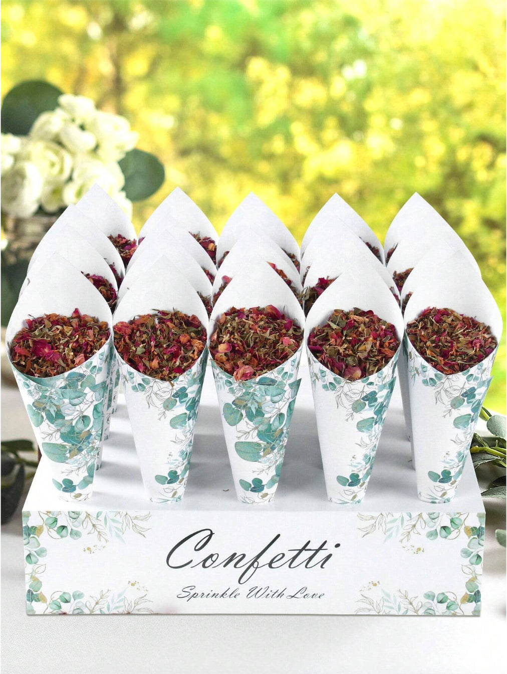 Confetti Cones and Holder - Green Eucalyptus Design